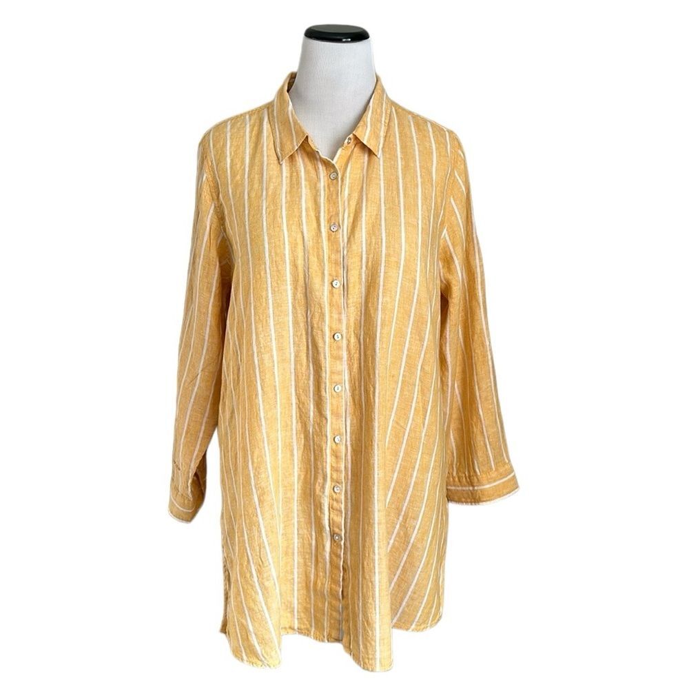 C&C California collection yellow and white striped 100% linen tunic top 1X